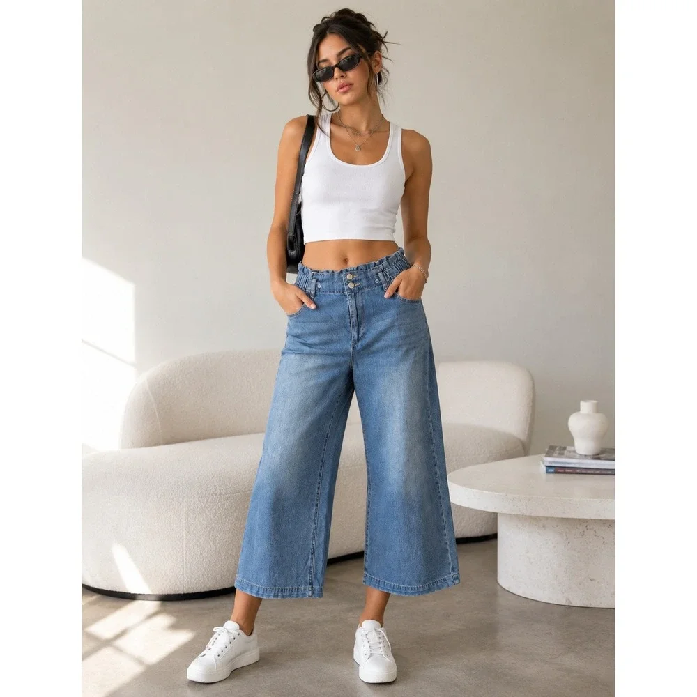 Wonderly Jeans Women 10 Light Blue Cropped Wide Leg Paperbag Elastic Waist Denim